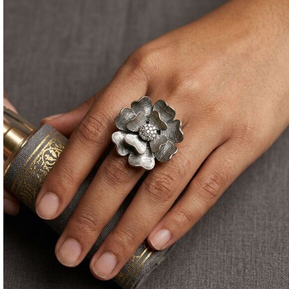 Jewelry - Large Silver Flower Statement Ring Adjustable Cocktail Jewelry Textured Petals